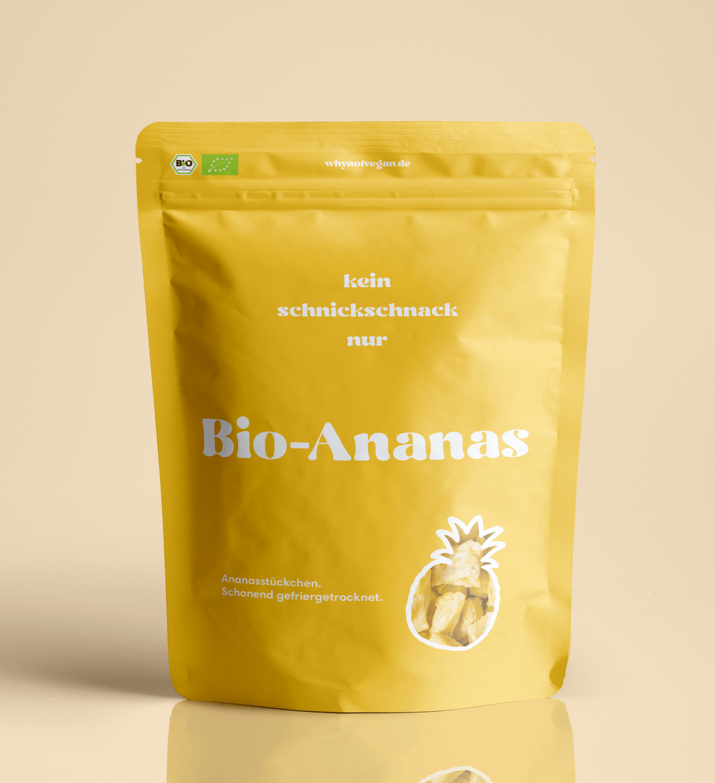 250 g gefriergetrocknete Bio-Ananas Stücke in nachhaltiger Verpackung von WhyNotVegan – 100 % Frucht, süß, knusprig und ohne Zusätze